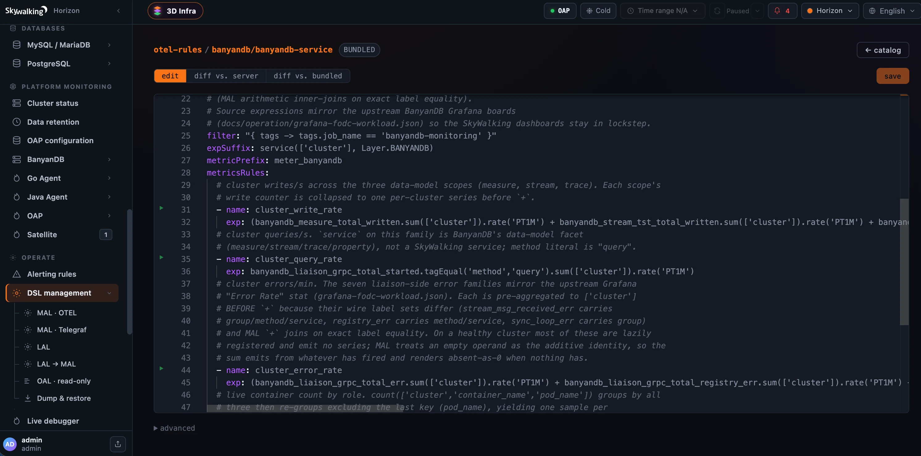 图 2：Monaco YAML 编辑器中的一条 MAL 规则，带 edit / diff-vs-server / diff-vs-bundled 标签页，以及代码左侧的绿色播放按钮。